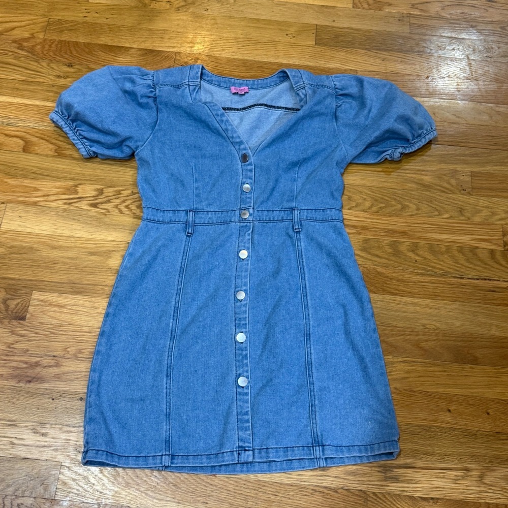 Mi Ami for Francesca's Blue Denim Button Front Puff Sleeve Mini Dress Medium